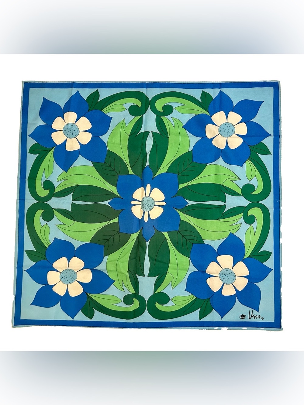 Vintage Vera Neumann Floral Silk Scarf Vibrant Blue Green Flowers 26” Square
